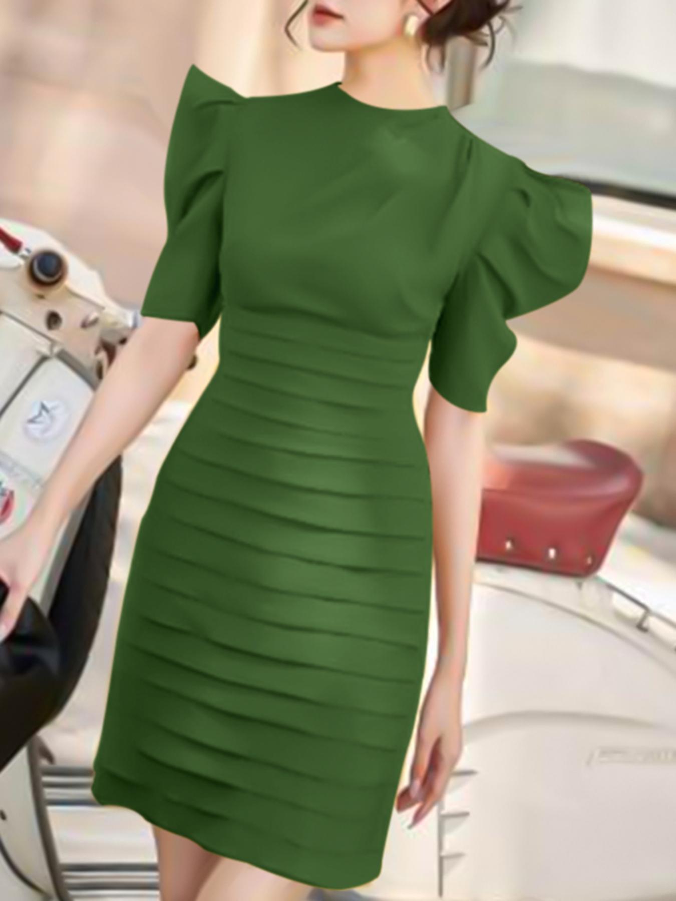 green emerald velvet dress Tika Salope-style Monotone Girly Style Short Sleeve Flare Mini Dress K main image 0