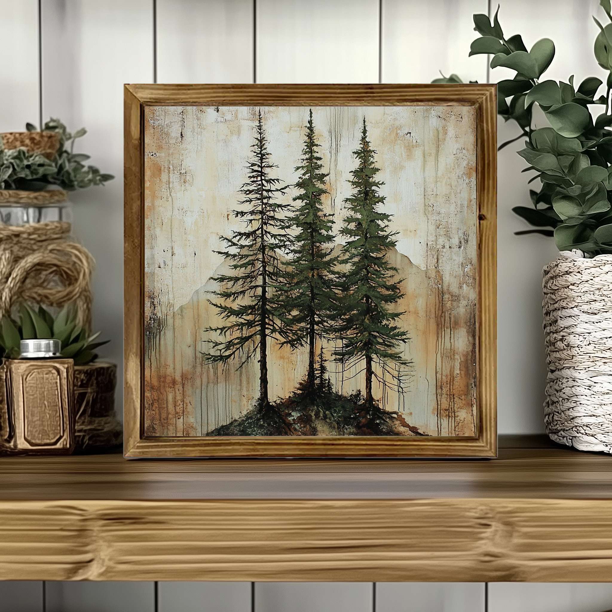 TEMU 2d Flat, Vintage Rustic Wooden Framed Wall Art - 8x8 Inch Pine Tree Landscape Painting, Muted Green & Brown Minimalist , 2d Flat Wood Frame For