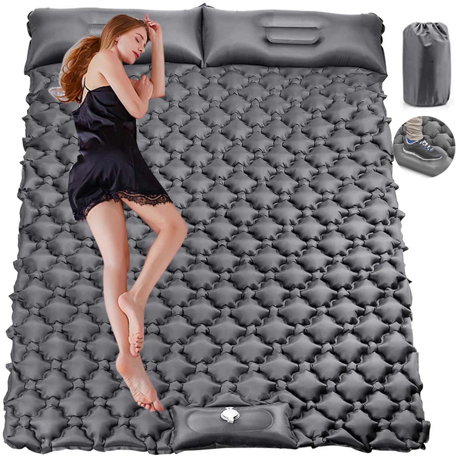 Image of Double Sleeping Pad Camping, Inflatable Sleeping Mat Backpacking, Tent, Hiking, Portable Camping Pad