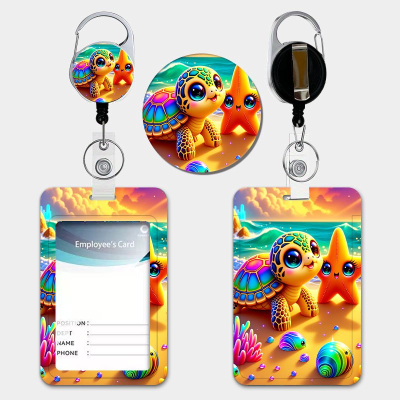 TEMU Cute Turtle And Starfish Cartoon Printed Colorful Gradient Id Card Holder, Equipped With A Retractable Lanyard And Keychain, Made Of Durable