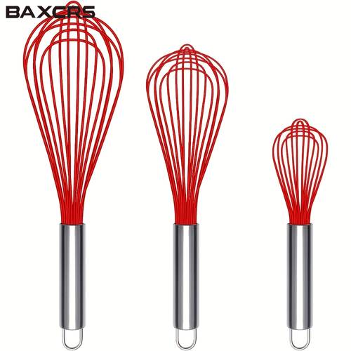 baxcrs silicone whisk heat resistant stainless steel wire whisk set of 3 kitchen cooking whisks non stick cookware balloon egg beater for blending whisking frothing stirring red