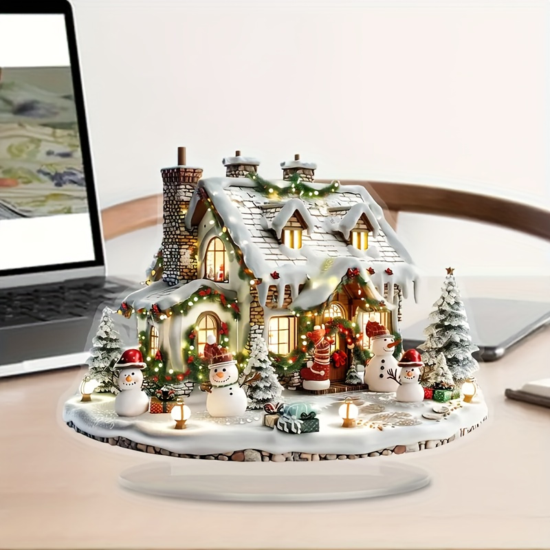 TEMU Bohemian Style Acrylic Christmas House With Lights And Snowman - Multifunctional Desktop Display, Suitable For Home And Office Decoration, Ideal