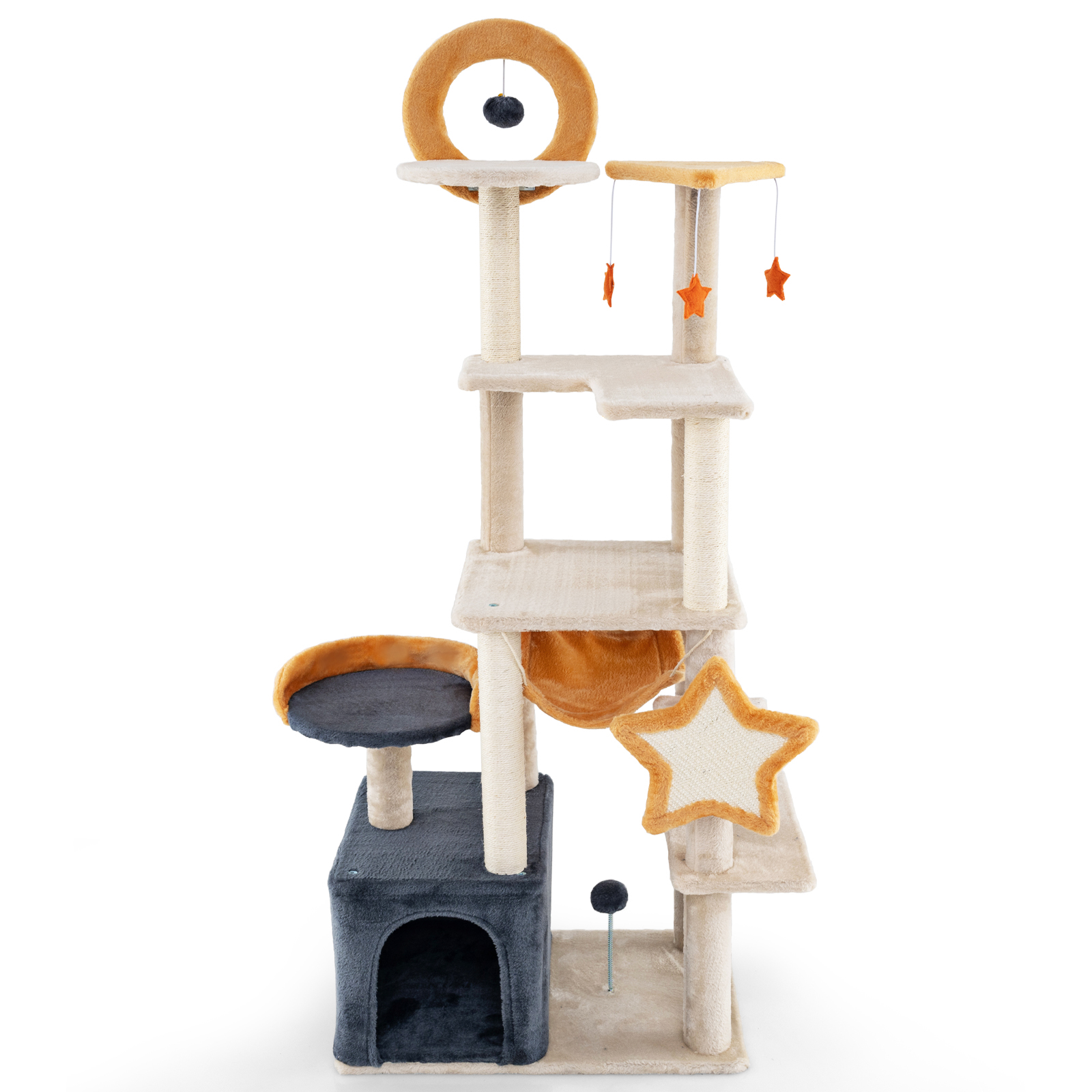 63" Adorable Cat Tower For Indoor , Cat Structure With Sisal Scratching Posts And Board, Cozy Condo, Soft Perch And Platforms, Suspended Toys