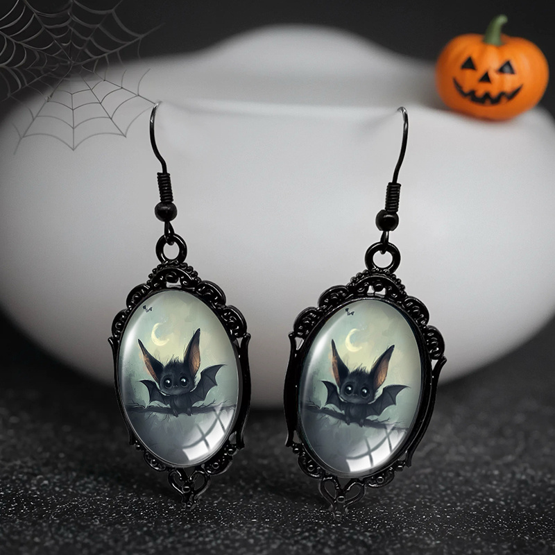 TEMU 1 Pair Of Cartoon Bat Black Lace Oval Drop Earrings, Handmade Earrings Gift