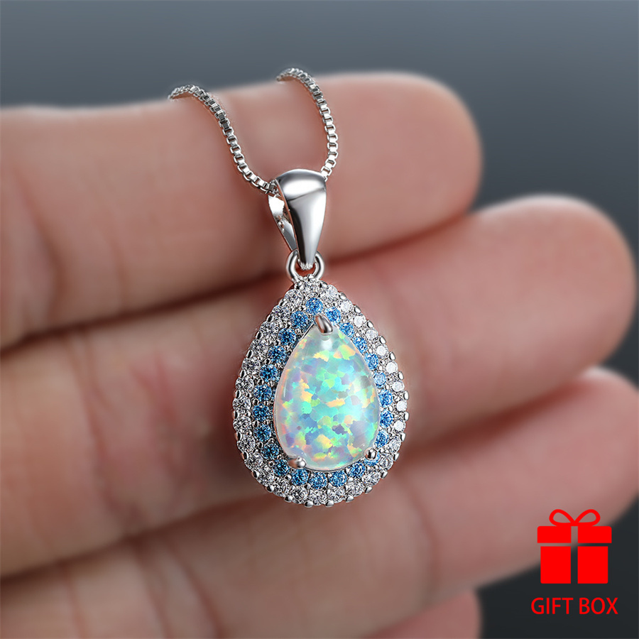 TEMU Luxury Pear Shape White Synthetic Opal Pendant Necklace For Christmas Valentine's Day Holiday Gift Daily Wear, Suitable For