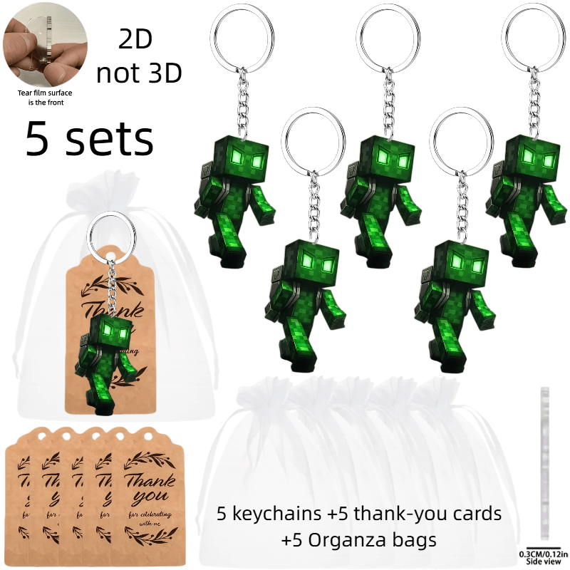 TEMU Piatto 2D, Piano Piatto 2D, 5pz Portachiavi Pas, Set Regalo Portachiavi Mecha Verde Stile Pixel Art - 5 Portachiavi Acrilici con Design 2D + 5