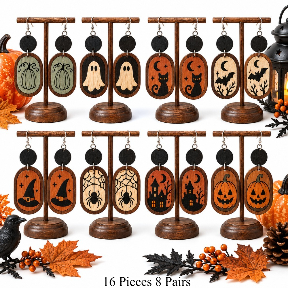 TEMU 16pcs 8 Pairs Random Halloween Vintage Wooden Earrings Set, Retro Style Earrings For Dresses, Suitable For Daily Vacation Black Friday Halloween