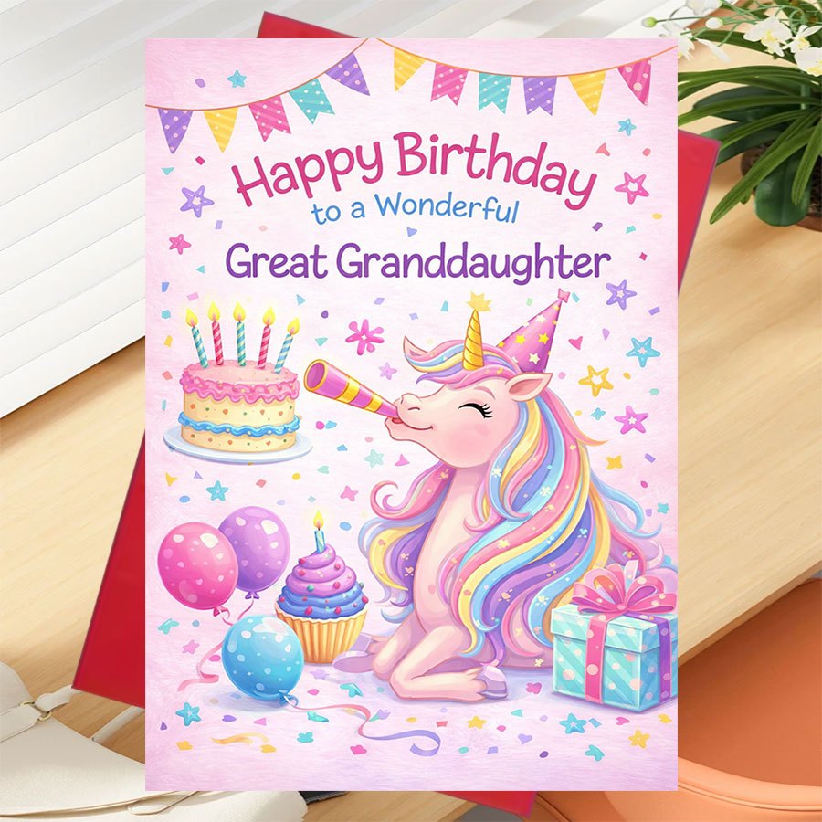 TEMU 1 Greeting Card + 1 Envelope1pcs Greeting Card For Great Granddaughter S Birthday With Unicorn Cake Balloons And Gifts Design