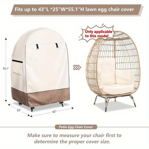 High Quality Wind-Resistant Heavy-Duty Outdoor Egg Chair Cover with Zipper Closure, Air Vents & 4 Straps - Beige/Brown, Fits 43 L x25 W x55.1 H Wicker Patio Basket Chairs