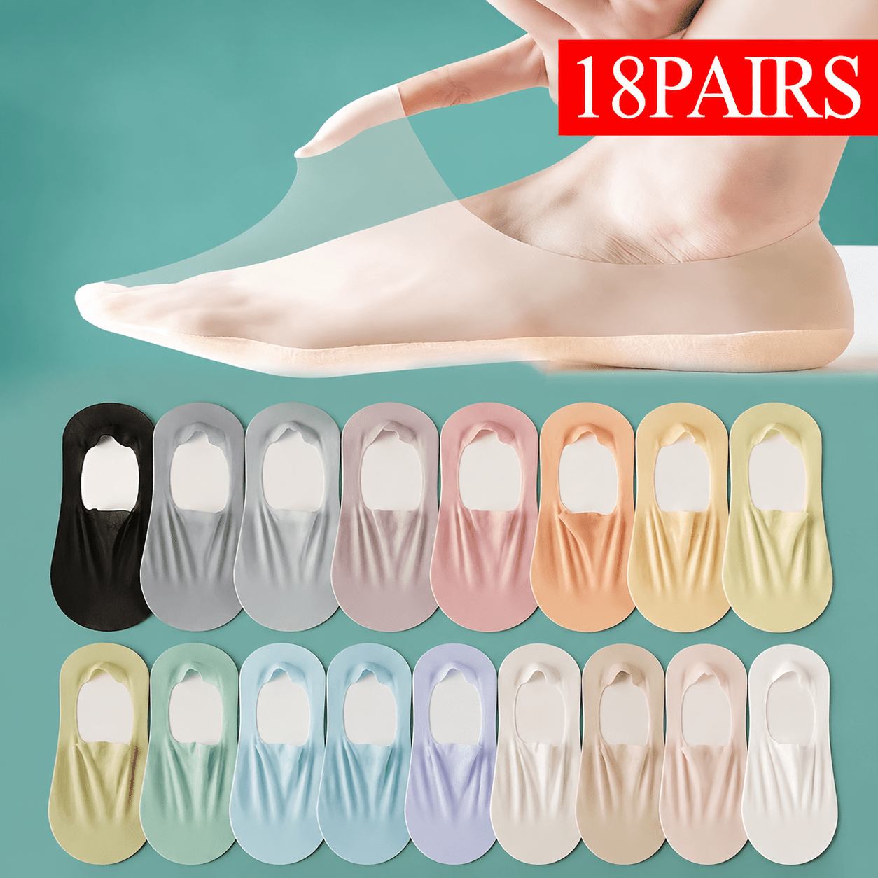 Image of 18 Pairs Invisible Boat Socks - Low-cut Breathable Thin High-heel Socks, Ultra-thin Solid Socks ( Assorted)