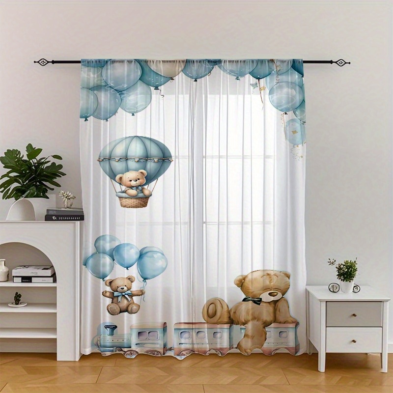 TEMU 2-pack Bear Hot Air Balloon Train Curtains - Whimsical Teddy Bear & Balloon Print, Rustic Country Style Semi- Filtering Polyester Curtains For ,