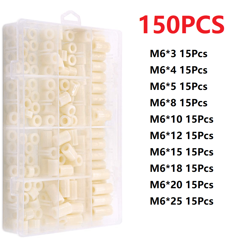 Image of 150pcs 10 Sizes Nylon Round Spacer Assortment Kit, Od 11mm Id 6.2mm For M6 Screws, Round Straight Tube, Nylon Standoff (3mm, 4mm, 5mm, 8mm, 10mm, 12mm, 15mm, 18mm, 20mm, 25mm)