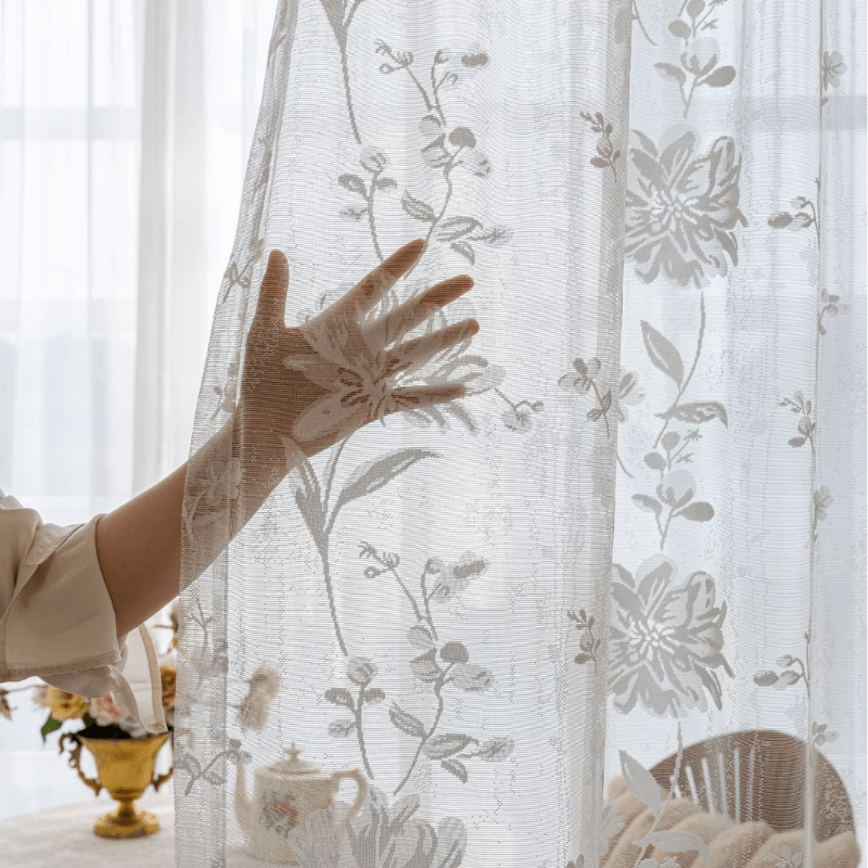 TEMU 1pc Of Modern Lace Flower Sheer Curtains Light Filtering Not See Through For Living Room Bedroom Balcony Home Decor Rod , Easy To Hang