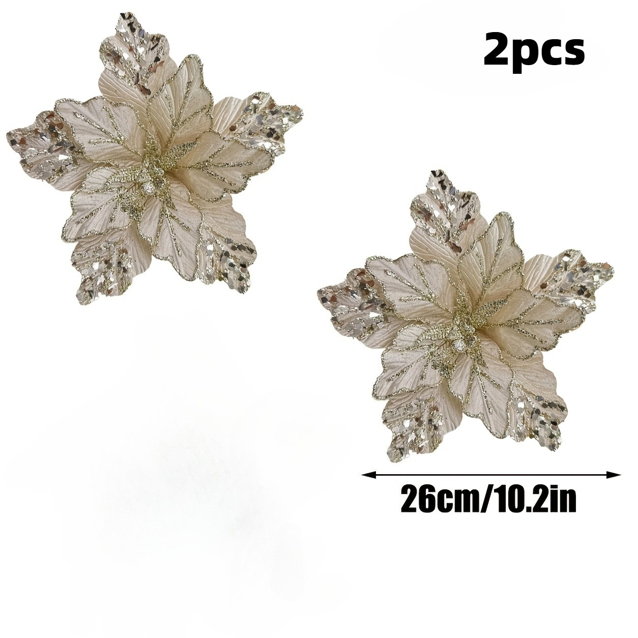 TEMU 2pcs Champagne-colored Artificial Christmas Flowers, Christmas Tree And Vine Decor, Christmas Wreath, Holiday Decoration Props
