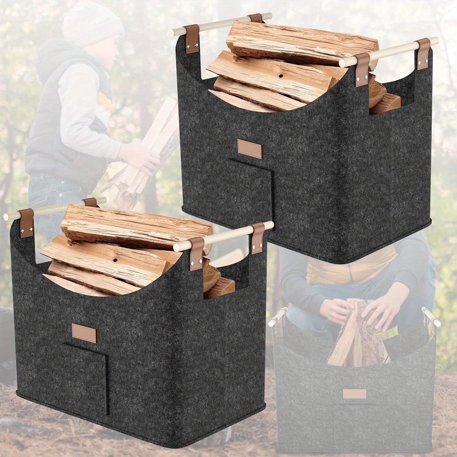 Image of 2x Firewood Basket Felt Basket 50 X 32 X 40 Cm For Firewood Firewood Basket Dark Gray Gray Felt Bag With Wooden Handle - Load Capacity 40kg