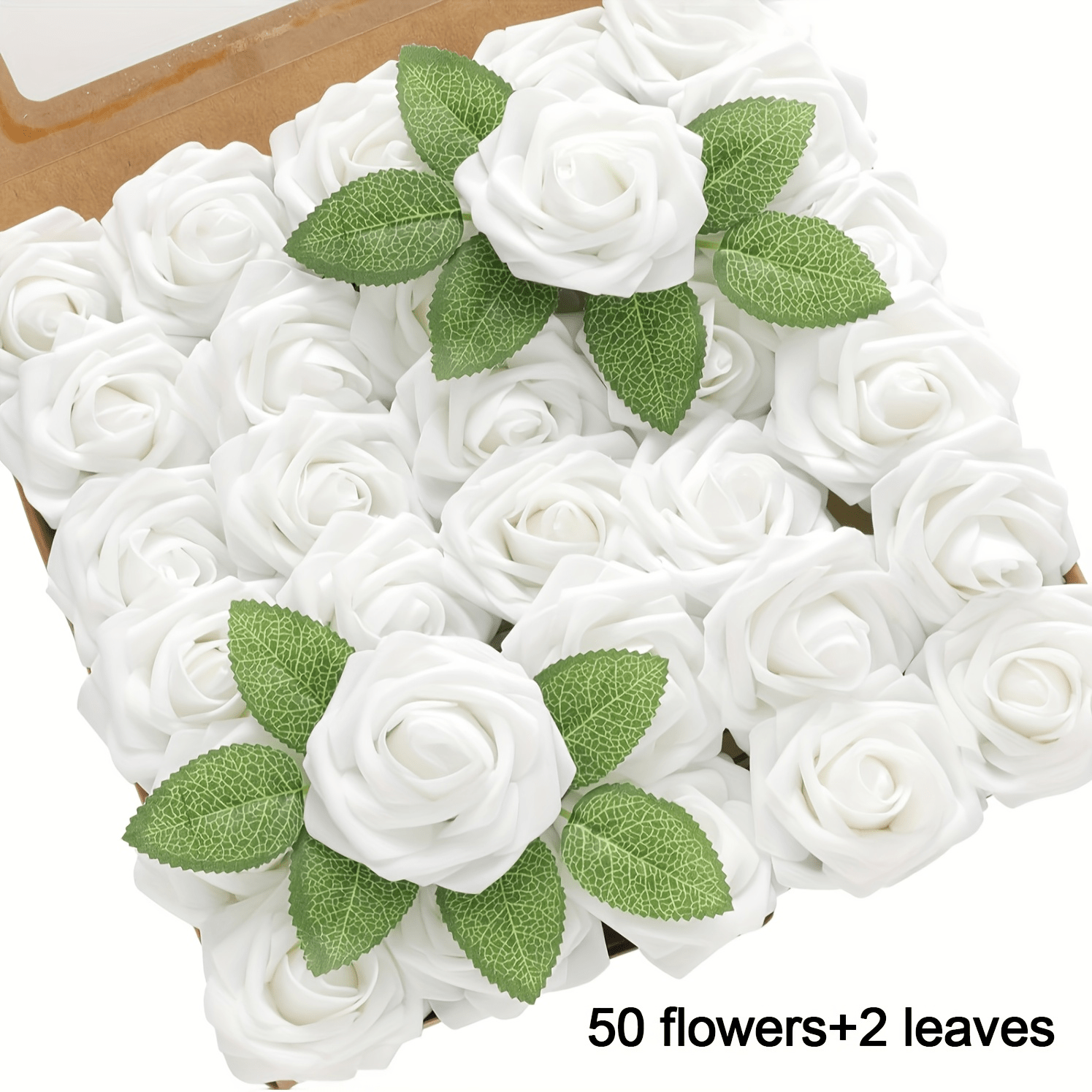TEMU 52 flores artificiales, 50 flores, 2 hojas, rosa de espuma, flor falsa, ramo de boda de bricolaje, regalo de novia, de mesa, decoración de ,
