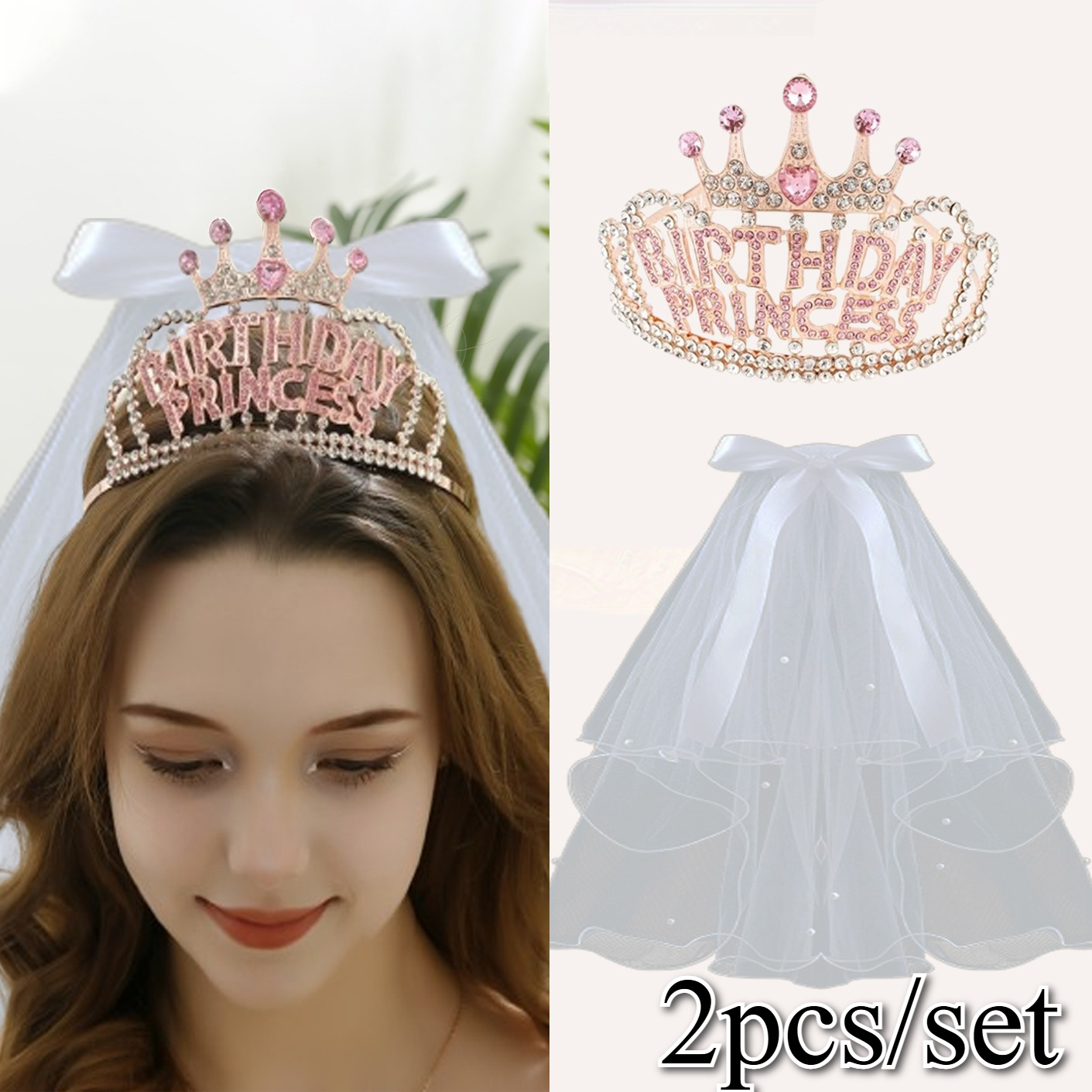 TEMU 2pcs Bow Veil And Birthday Crown Set, Birthday Princess Letter Crown Headband Decoration Glitter Additions Birthday Party Hair Additions