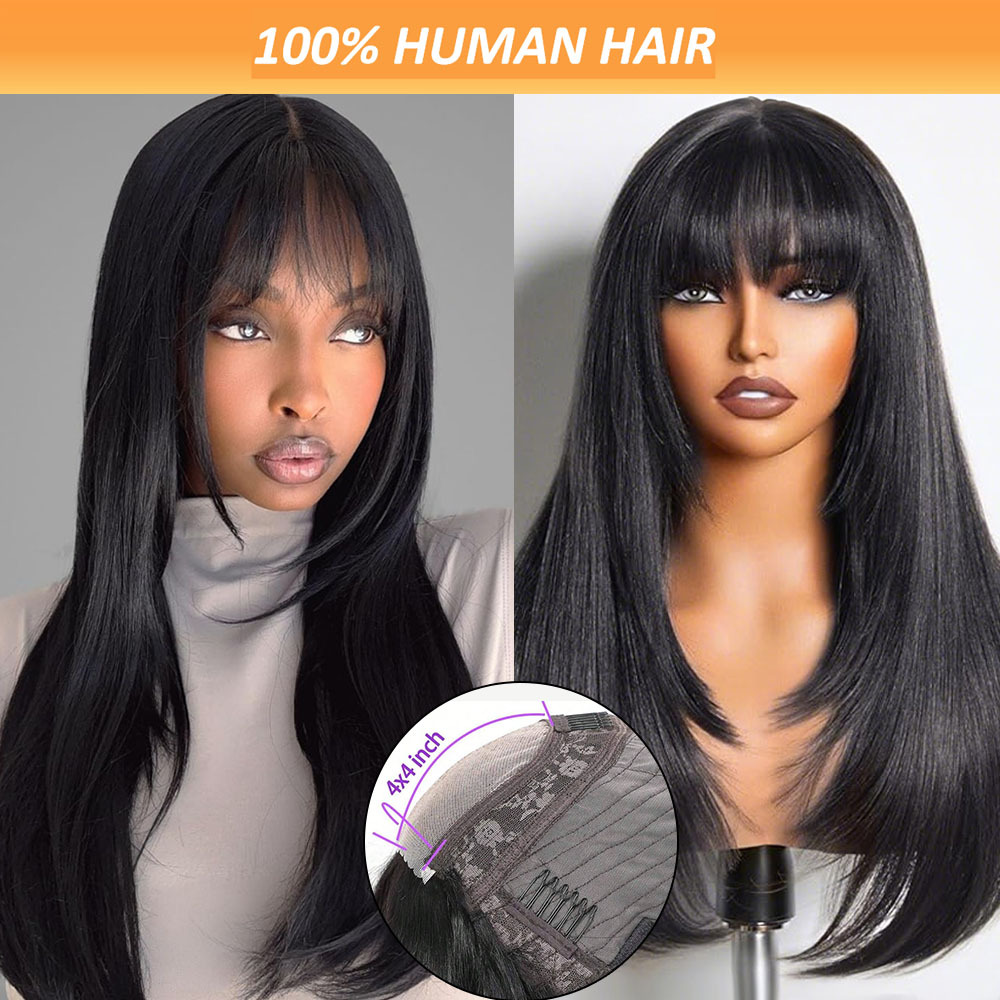 150 density 4x4 lace closure straight hair wig bangs human 