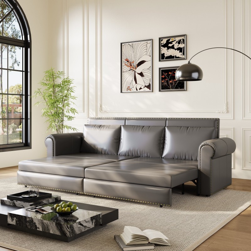 Modern Convertible Sofa Bed 93.7' Space-Saving Sleeper with Pull-Out Design Three-Seater Leather Folding Transformable Durable Luxurious Suitable Adjustable Backrest Plush Cushions Cozy for Living Room