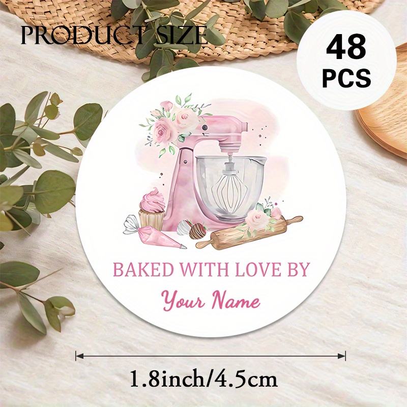 TEMU Custom 48/96pcs "" Round Stickers, Personalizable Text Content, Featuring A Pink Mixer And Baking Supplies Design, Ideal For Baked Goods
