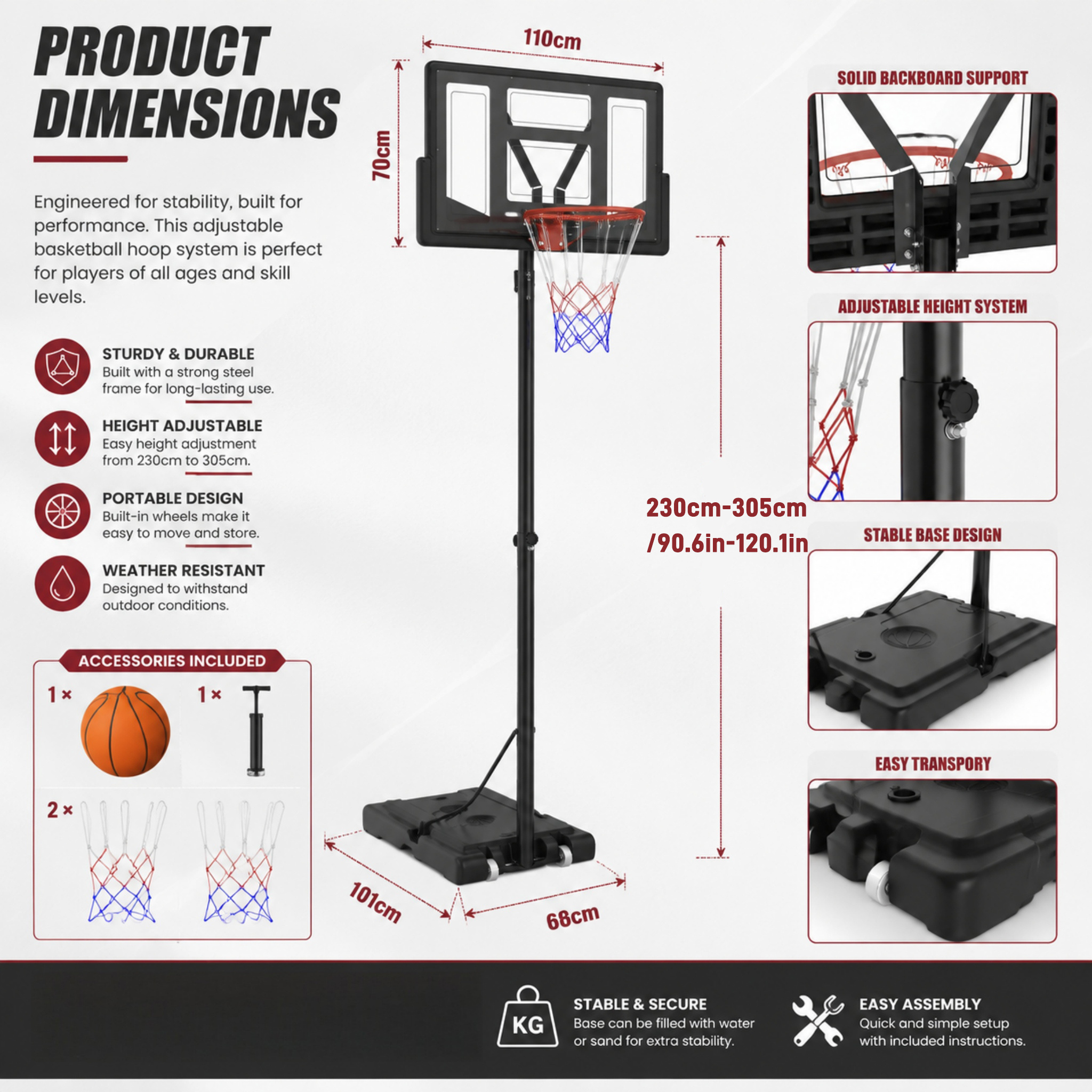 Image of Height-adjustable Basketball Hoop 230-305cm, Basketball Set With Basketball And Pump, Mobile Basketball Goal With Wheels, Base Fillable With Water Or Sand