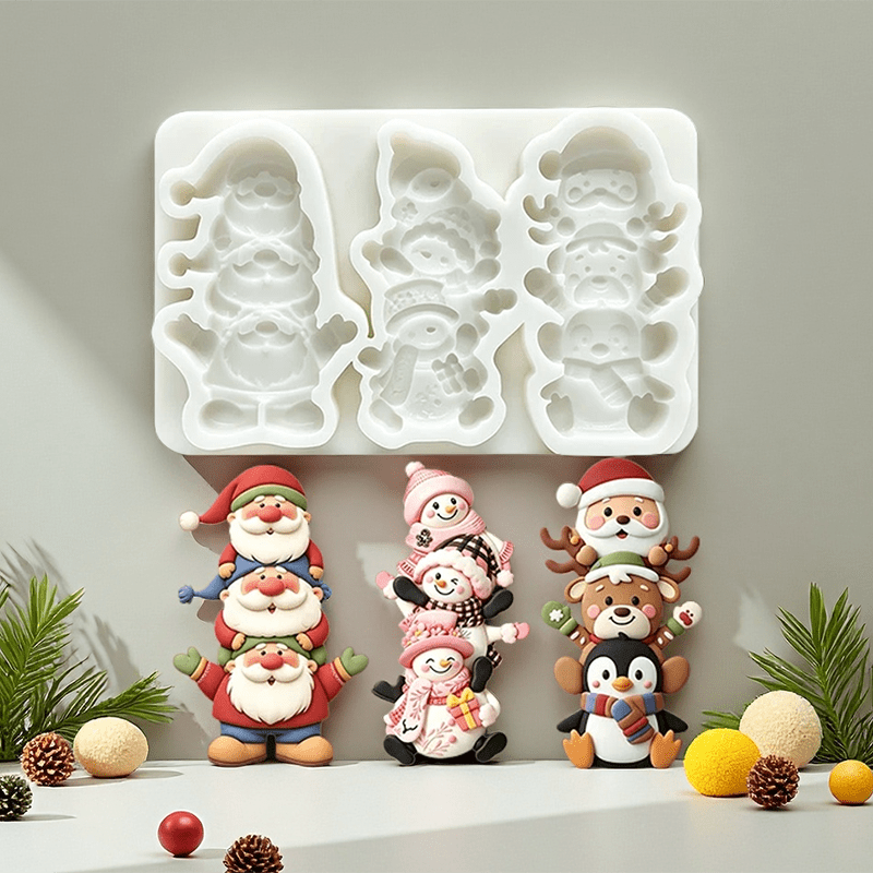 TEMU 1pc Christmas Theme Santa Claus, Penguin, Reindeer, Snowman Stackable Resin Silicone Mold, 3-cavity Christmas Holiday Making Epoxy Resin Craft