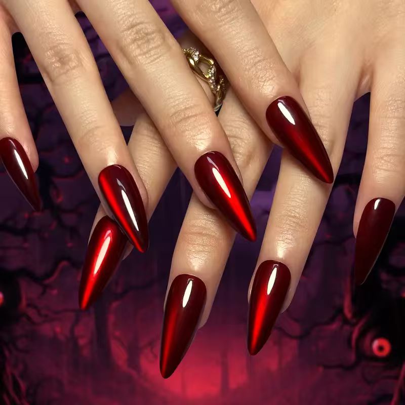 TEMU 30pcs Of Solid Red Almond-shaped Cat-eye Nail Tips + 1pc Nail Stickers, Suitable For Parties And Daily Nail Decoration
