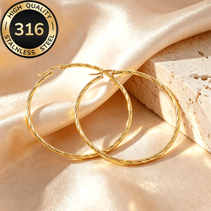 TEMU Vintage-inspired Light Luxury Large Hoop Twisted Braid Women's Earrings, Stainless Steel Large Hoop Earrings For Women, High-end Jewelry