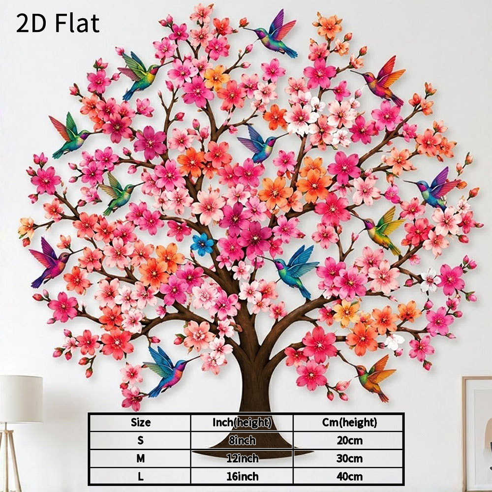 TEMU 2d Flat - 1pc Metal Wall Art 2d Flat Hummingbird And Cherry Tree Decor Elegant Floral Metal Sign For Living Room Bedroom Garden Housewarming