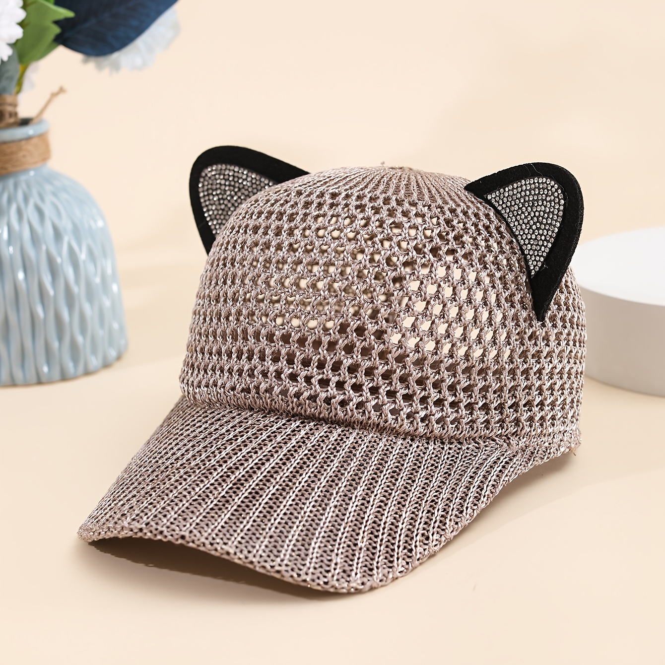 TEMU メッシュ かわいい猫耳 レディース ベースボールキャップ、夏用 薄手 トレンディ 中空 通気性 ダックビル ネットで人気のベースボールキャップ