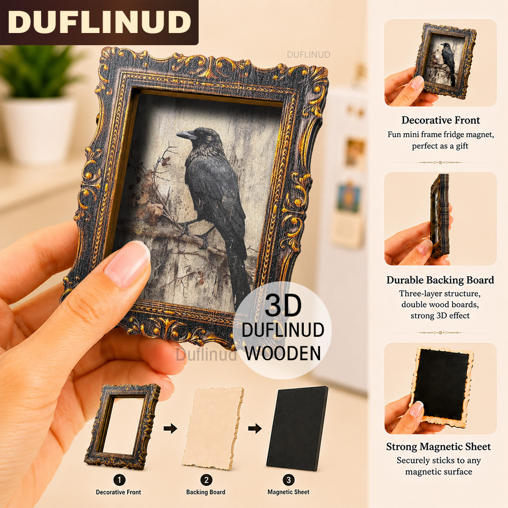 TEMU Dark Style Crow Refrigerator Magnet, Mini, Micro On A Branch Design, Vintage Black Picture Frame With , Wooden Fridge Magnet, Suitable For