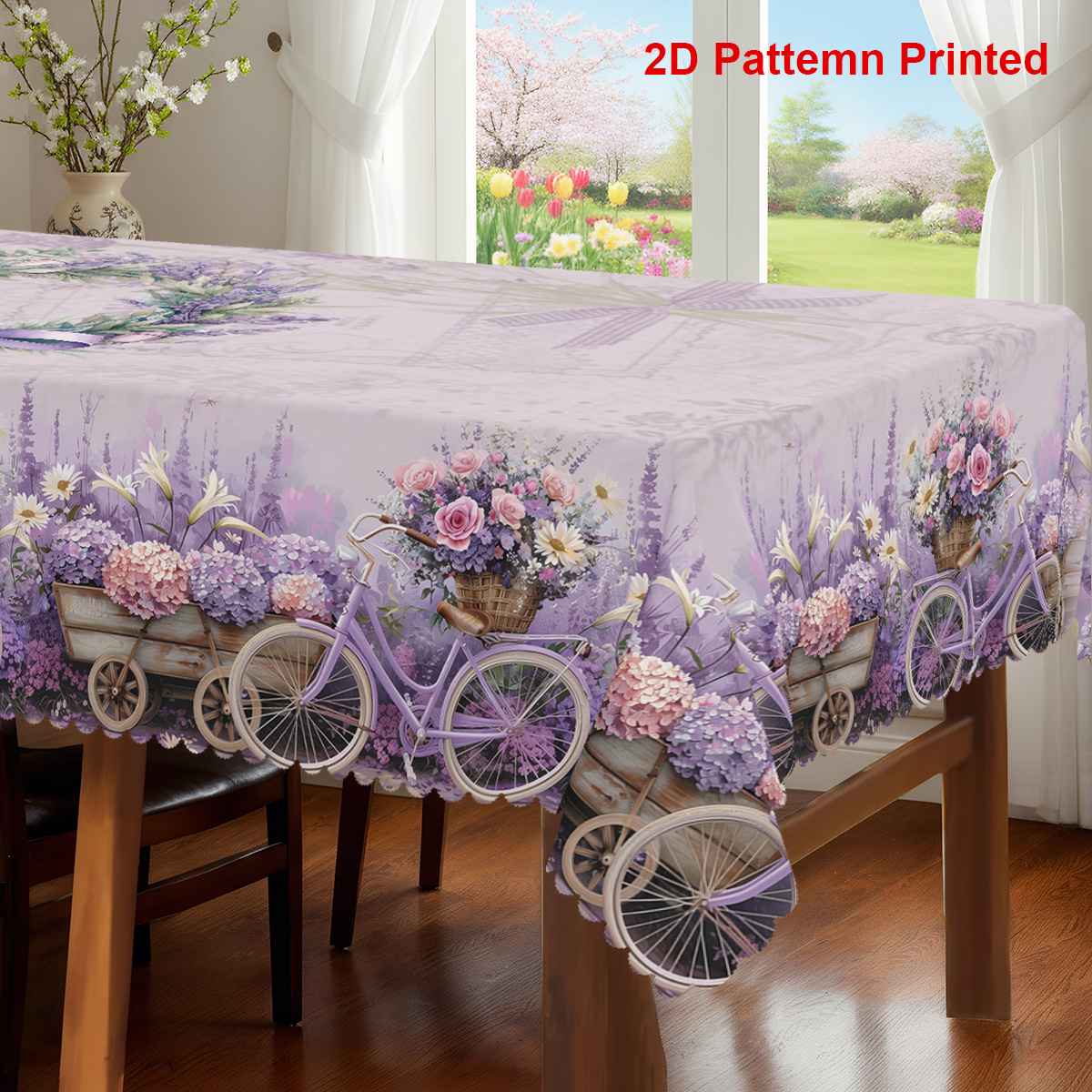 TEMU 1pc, Spring Summer Themed Party Tablecloth, Lavender Hydrangea Bicycle Daisy Floral Printed Design, Rectangular/round/oval Table Cloth, Embossed