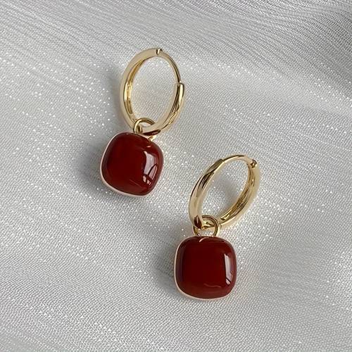 unique french luxury red square pendant earrings elegant retro suitable and parties quirky earrings