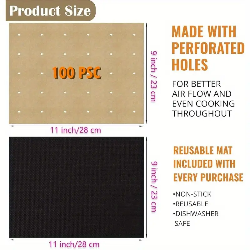 100pcs unbleached air fryer parchment paper liners 11x9 inch perforated rectangular disposable baking sheets for cuisinart black decker non heat distribution kitchen restaurant use air fryer accessories oven liner perforated design nonstick surface home bakers Product details 1