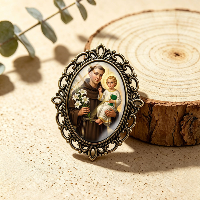 TEMU 1 broche ovalado de vidrio con cabujón de encaje, diseño religioso vintage de San Antonio sosteniendo blancos, joyería de moda unisex a , regalo