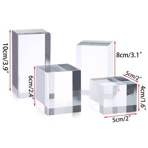 4 pack acrylic display risers clear square action figures collection organizer holder collectibles display blocks tabletop jewelry perfume display stand photography props