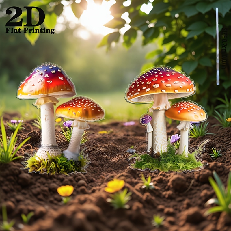 TEMU 2d Flat - 【2d Flat】 2d Flat - [2d Flat] 2d Flat, 2pcs Colorful Mushroom Garden Decorative Stakes, Suitable For Flower Pots, Courtyards, Gardens,