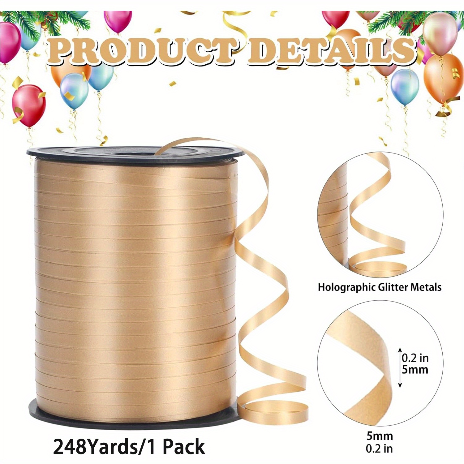Image of 248 Yard Golden Curly Ribbon, Used For Gift Packaging, Balloon Ribbons, Balloon Ropes, Curly Ribbons, Thin Ribbons, Birthday, Wedding, Christmas Gift Ribbons, Holiday Decoration Gifts