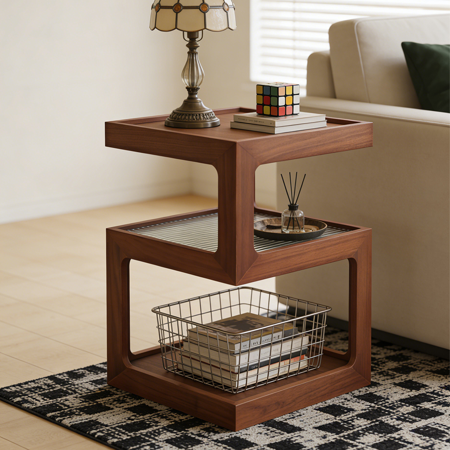 A Bedside Table That Doesn't Require Assembly Bedside Table, Walnut Wood Nightstand, Small Bedside Table with Open Compartment, Tempered Glass Top, Modern End Table for Bedroom & Living Room Furniture
