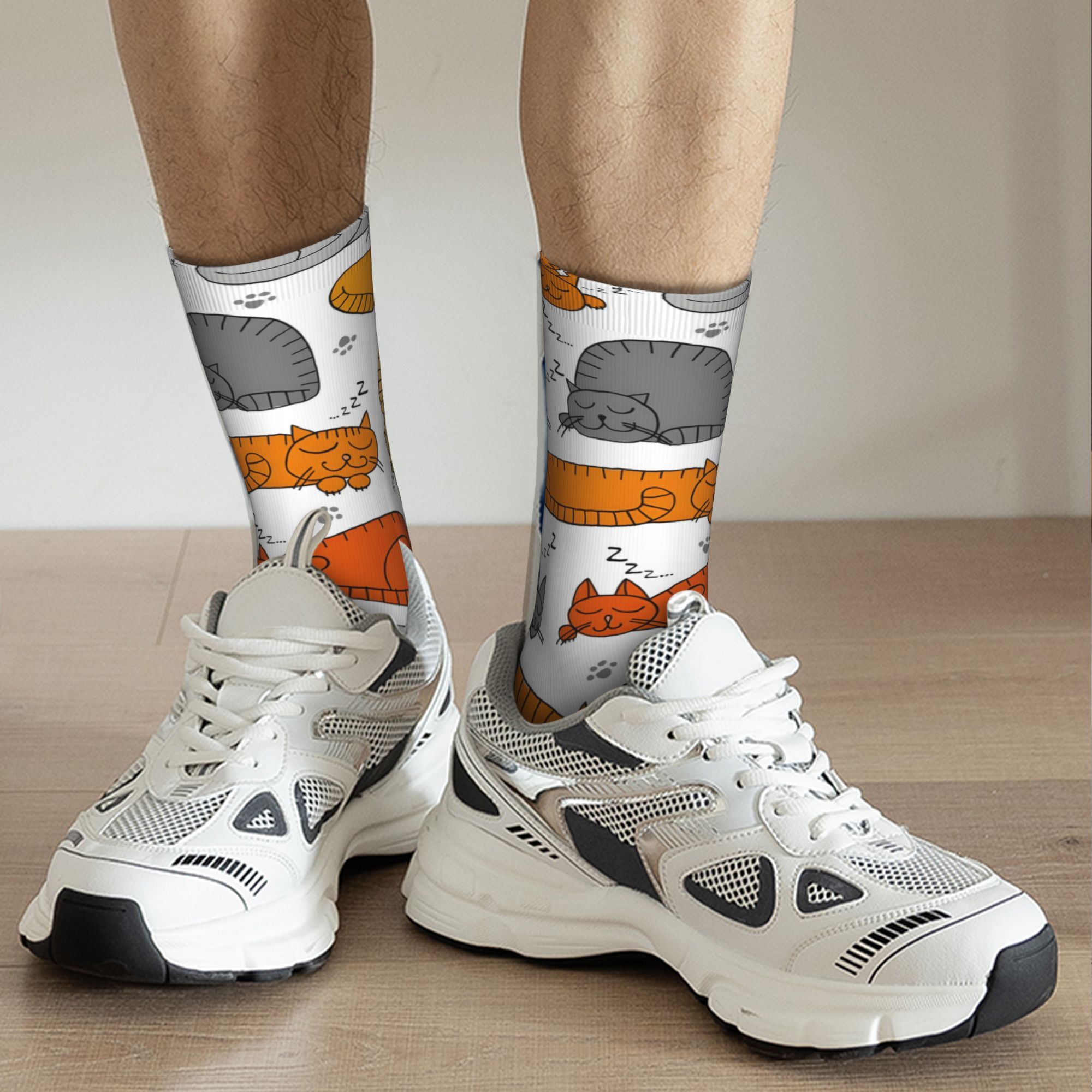 pair mens anti blister cushioned running socks cartoon cat