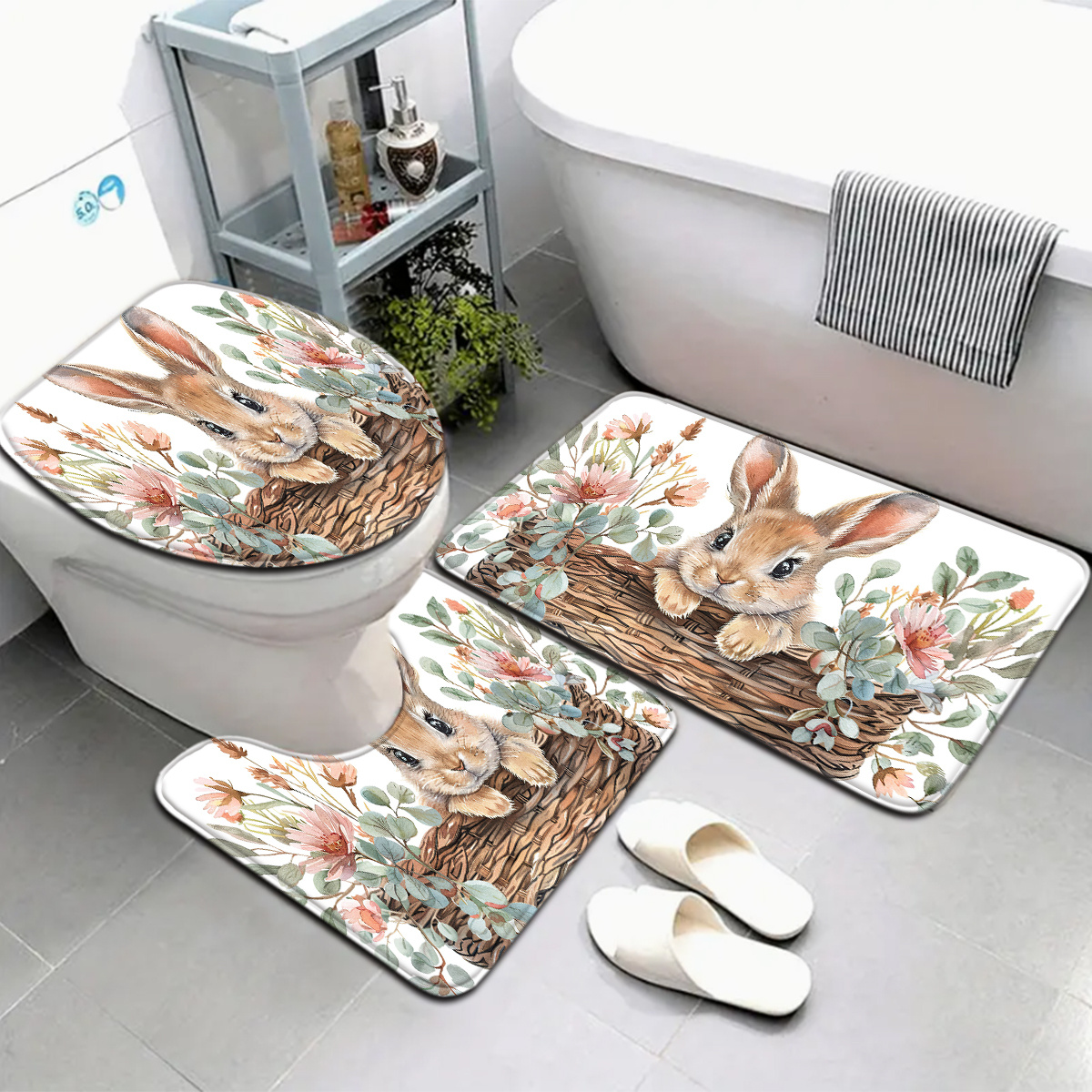 TEMU 3pcs/4pcs Easter Pink Rose Basket Rabbit Pattern Bathroom Mat Set With Toilet Lid Cover And U-shaped Foot Mat