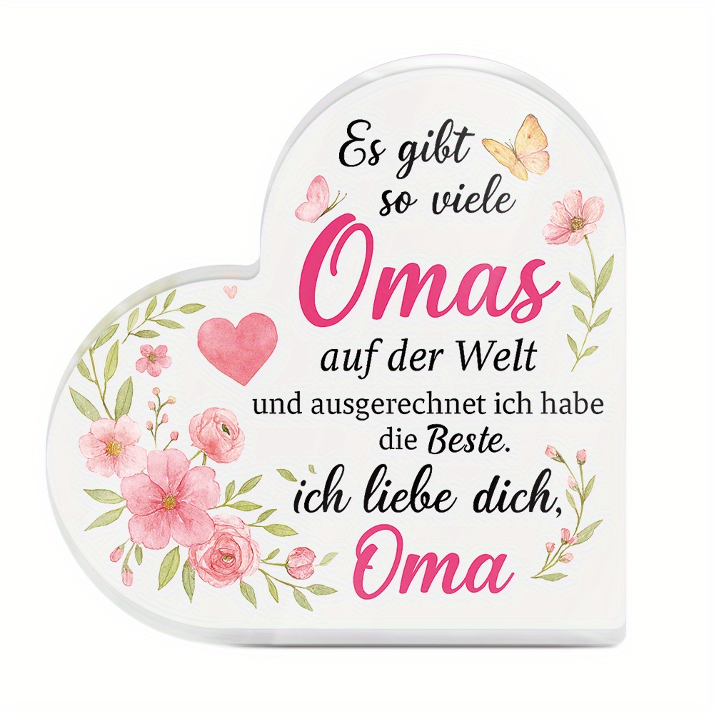 TEMU 2d Flat, 1pc Putuo Decor German Heart-shaped Acrylic Table Decor - Grandma Gift With "ich Liebe Dich / Oma" (i Love You / Grandma) - Floral &