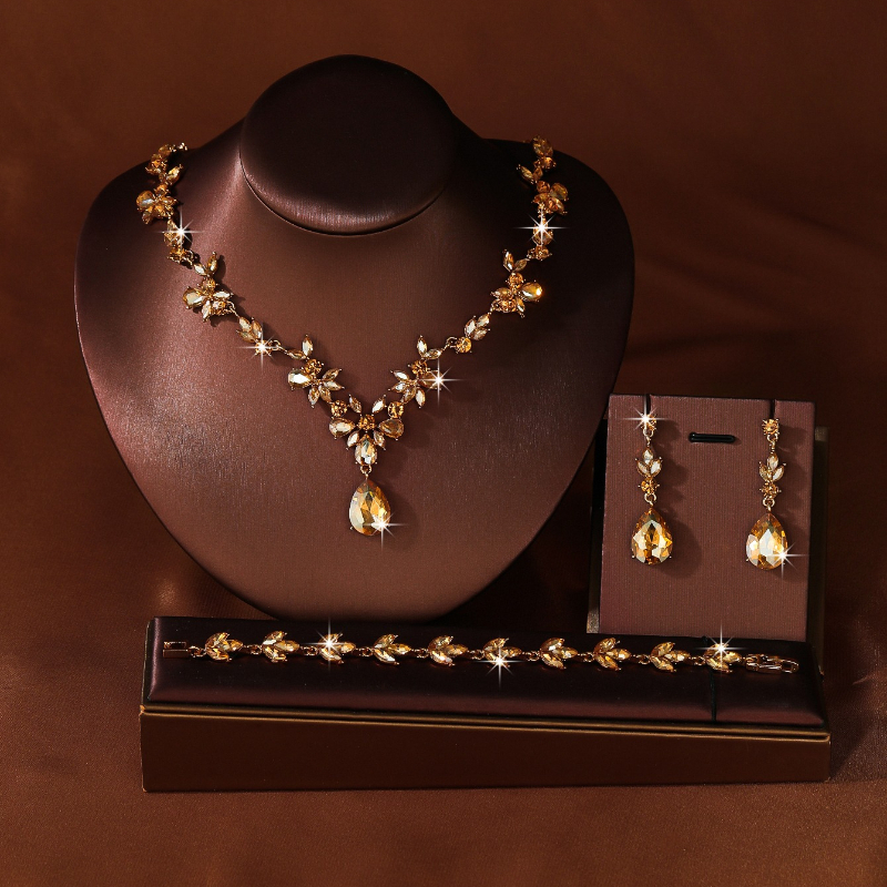 TEMU Retro Champagne Golden Rhinestone 3pcs Set Exquisite Branch Leaf Cutting Craft Year-end Party Luxury Women's Jewelry