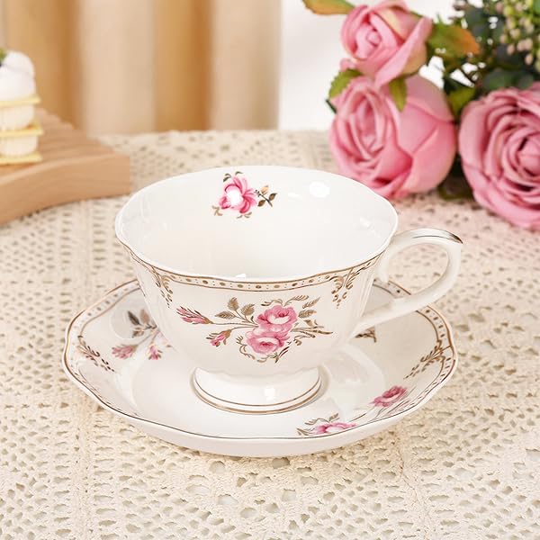 1pc vintage british floral porcelain tea cup and saucer set - elegant light pink &  , 7.4oz large capacity,   china   tea set with decorative saucer, ideal gift for housewarming, wedding, birthday, mother s day, christmas - dainty floral pattern, delicate  , translucent & thermal insulation,   tea bags &  , vintage tableware for everyday use, cups for tea, teacup Product details 3