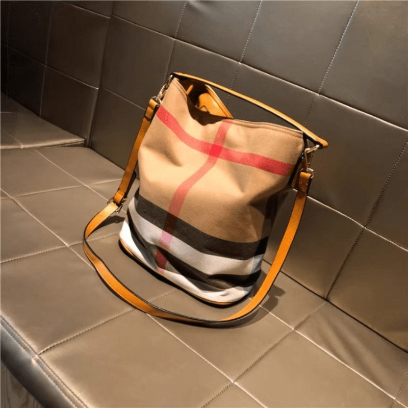 Women's Large Capacity Retro Checkered Bucket Bag With Adjustable Strap & Zipper Closure - Thickened / Handbag Suitable For Travel, Shopping,, - Dark Check Design, Durable Casual Clutch Wallet ()