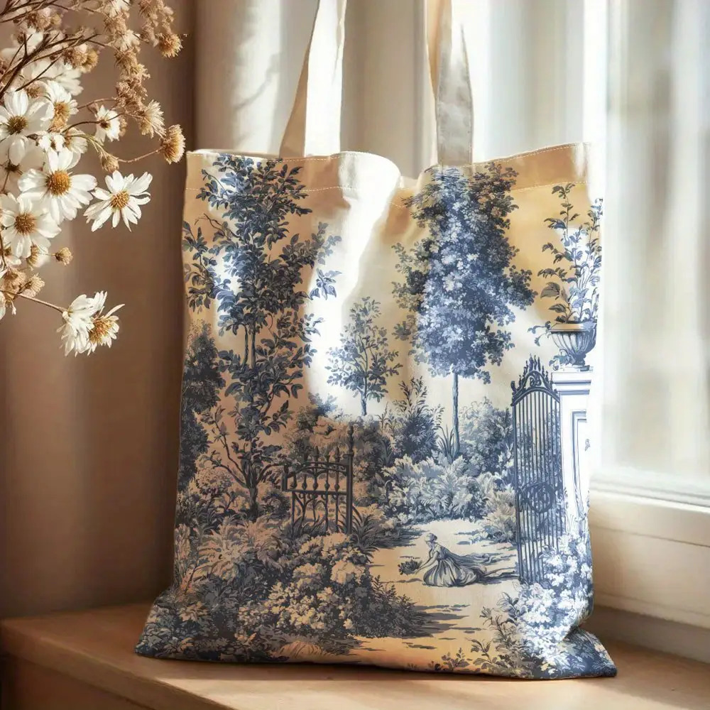 TEMU 1pc French Toile De Tote Bag - Elegant Handbag With Print, Lady And Park Scene, Machine Washable Suitable For Shopping, Beach, Picnic, Outdoor