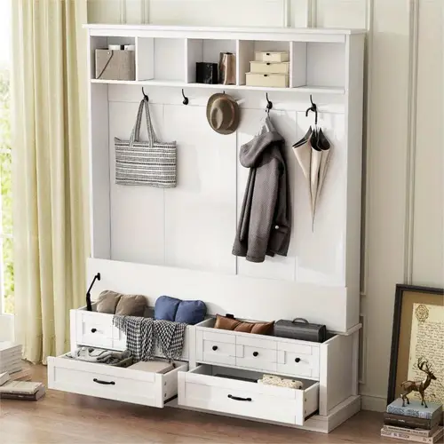 elegant wide hall tree with 5 hooks versatile entryway lift top storage bench with 2 drawers retro wooden 3 in 1 coat rack with black handles for mudroom living room white 59 wx74 h
