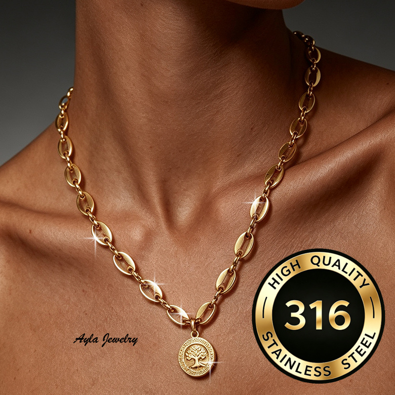 TEMU 1pc Women's 316l Stainless Steel Tree Of Pendant Necklace, Oval Paperclip Link Chain, Minimalist Vintage Jewelry For Daily Casual Wear, Birthday
