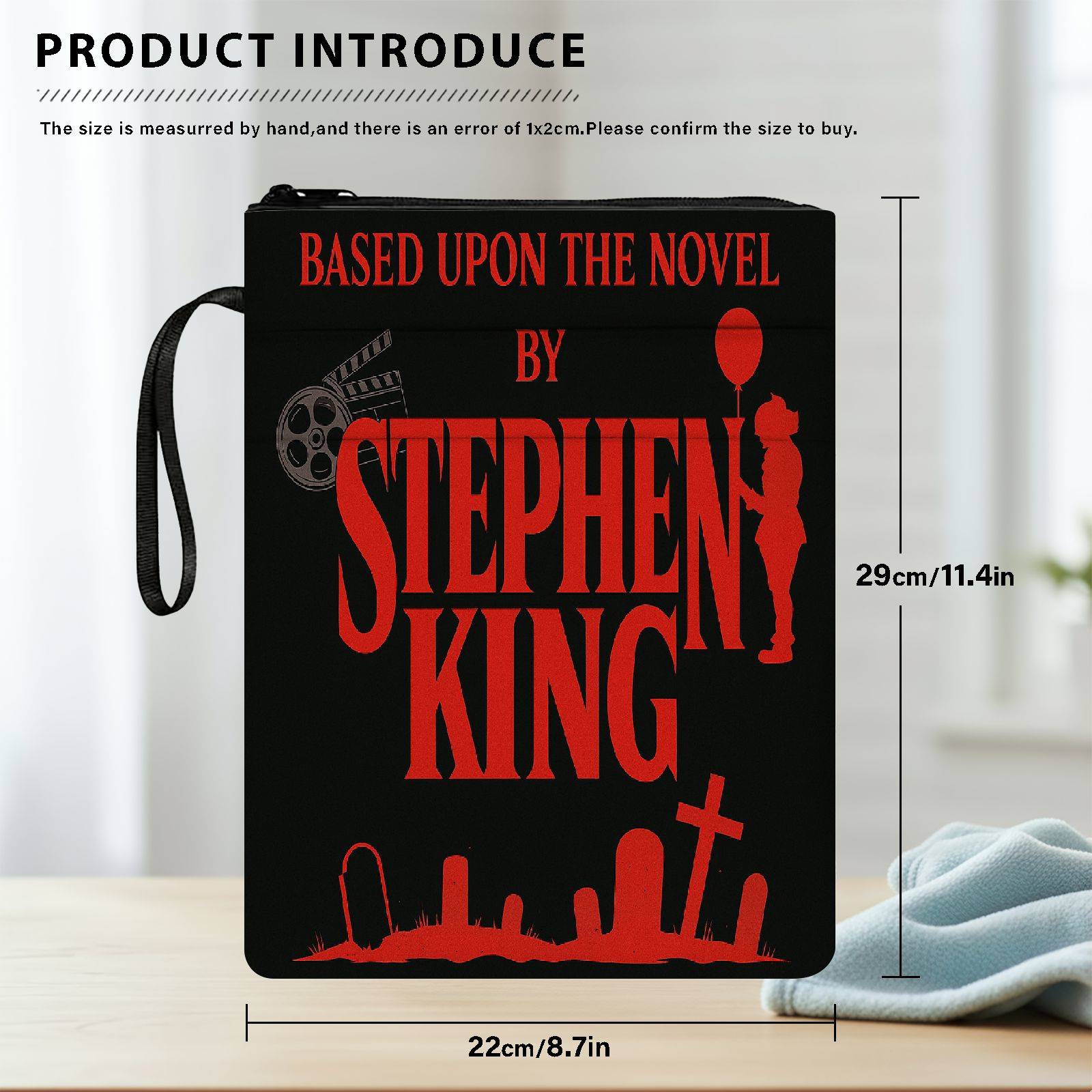 TEMU 1pc Horror Fiction Print Book Cover | Polyester Fiber Book Protector & Storage Bag With Zipper Closure, Front Pocket For Students, Teachers,