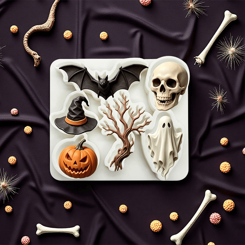 TEMU 1pc 6-cavity Halloween Theme Resin Liquid Mold, Horror Bat Dead Tree Hat Pumpkin Shaped Silicone Molds, Halloween Decoration Decor Suitable For